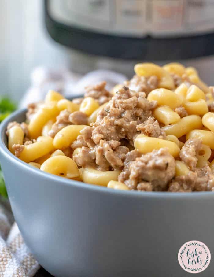 instant pot cheesy pasta with ground turkey close up image