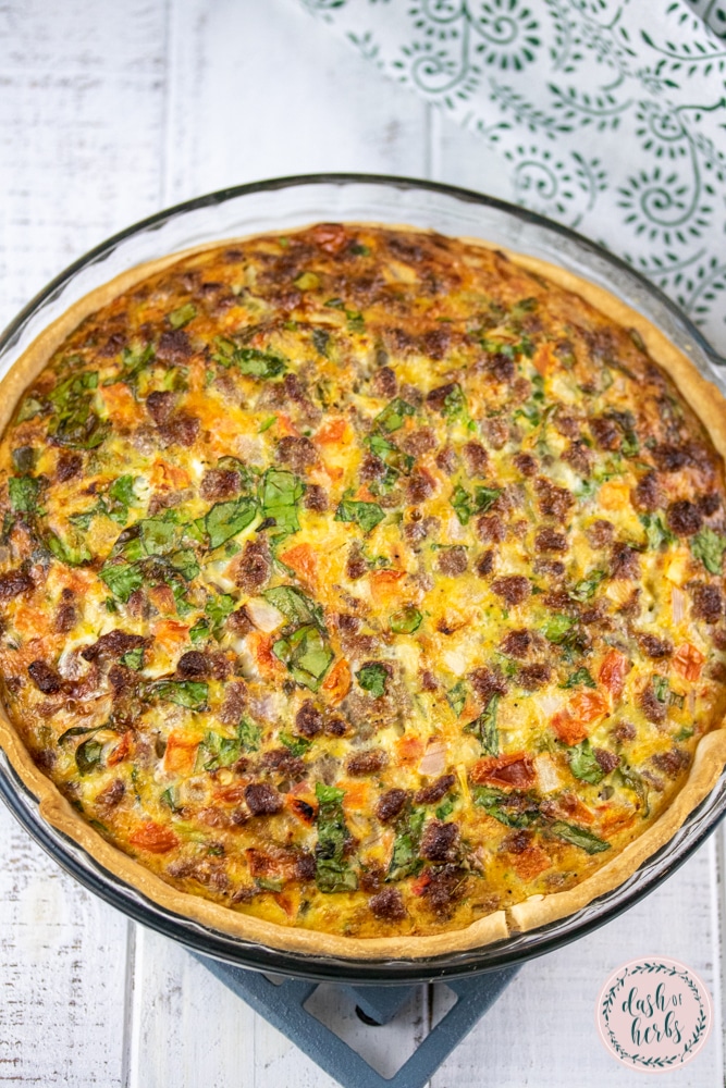 Overhead picture of Southwest Sausage Breakfast Quiche in a pie dish