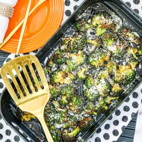 Overhead photo of air fryer broccoli